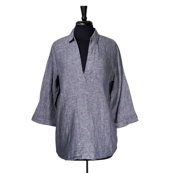 Tahari Women's Shirt Blue Linen V-Neck Blouse Lagenlook Summer Tunic Top Size M - Picture 1 of 9